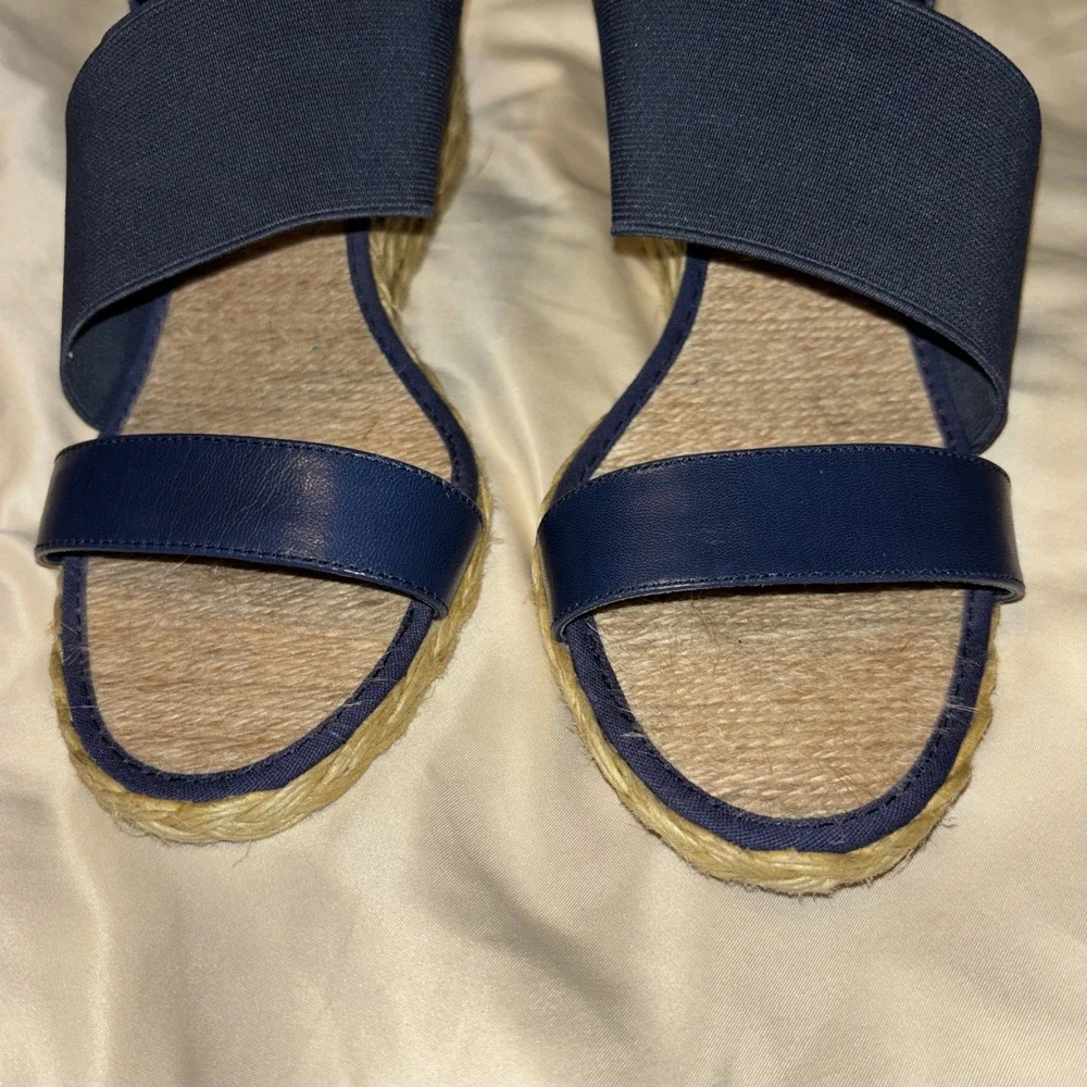 LRL Ralph Lauren 10 B Carminda Navy Blue Wedge Sandals Espadrille Jute Slingback